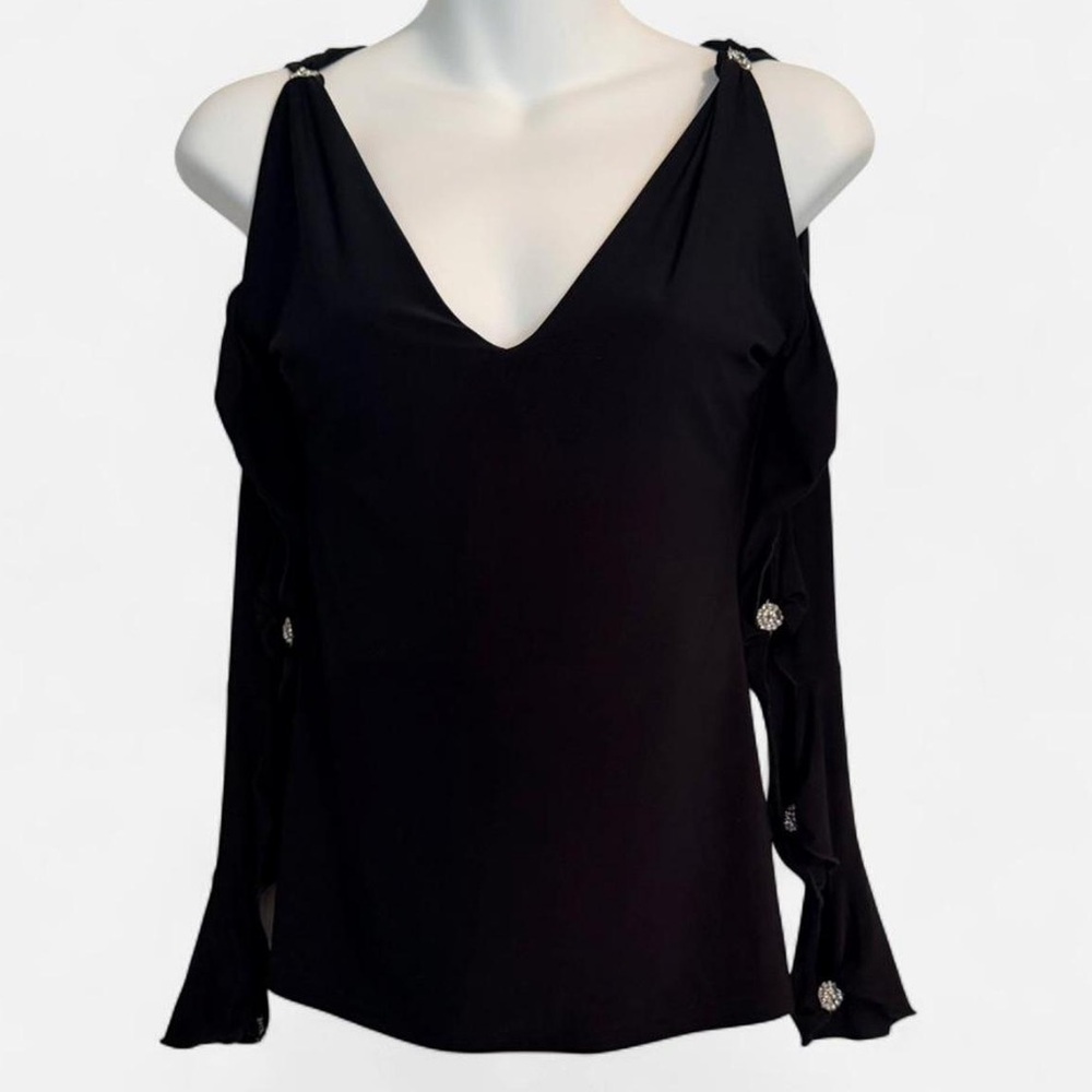 Dance America Women’s Black Cold-Shoulder V-Neck Knit Top, Rhinestone, Sz M